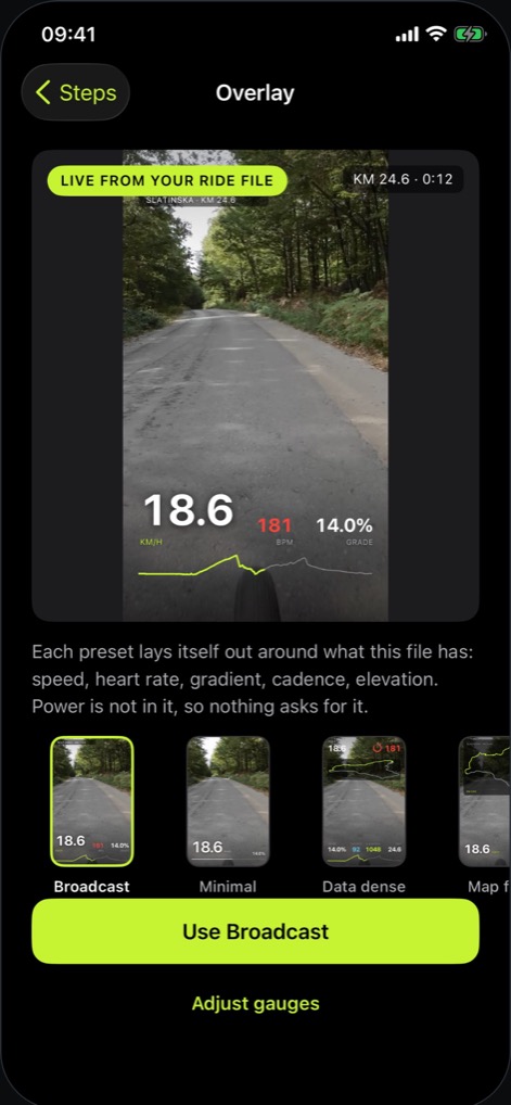 Spinto's overlay screen: a forest road with speed, heart rate, gradient and an elevation profile drawn over the video, and a row of overlay styles under it.