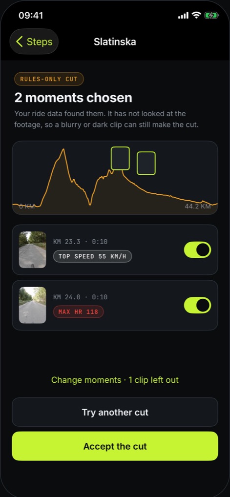 Spinto's cut screen: two moments chosen on the ride's elevation profile, one for top speed and one for maximum heart rate.