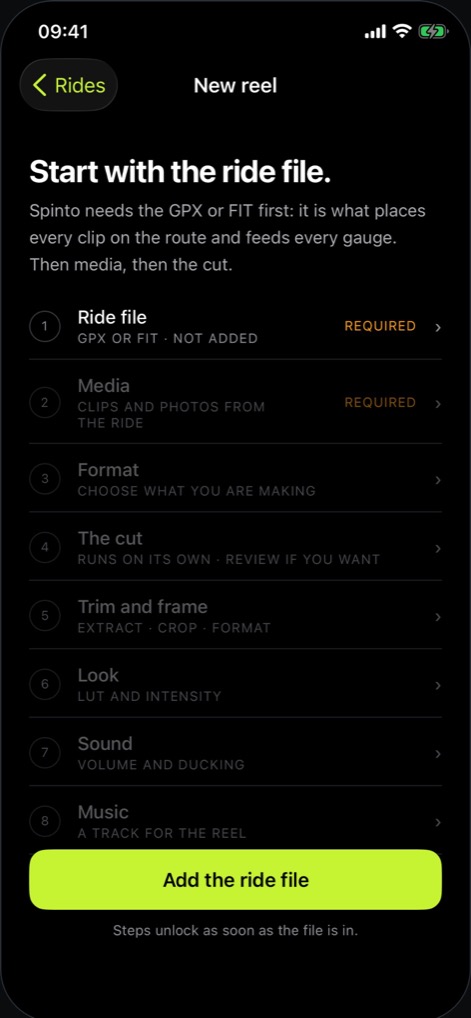 Spinto's new reel screen: start with the ride file, then media, format, the cut and the rest of the steps.